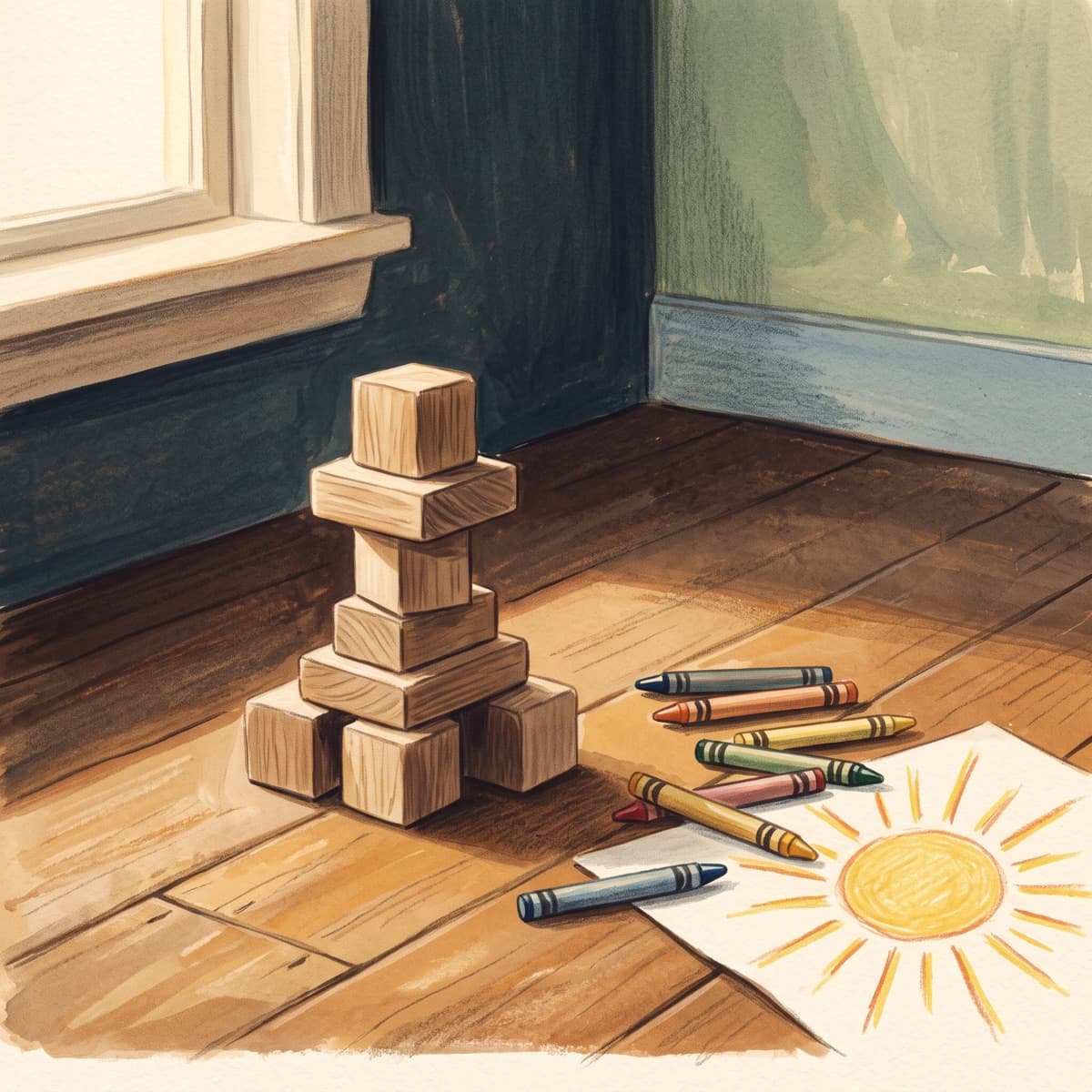Storybook illustration of a tower of wooden blocks beside crayons