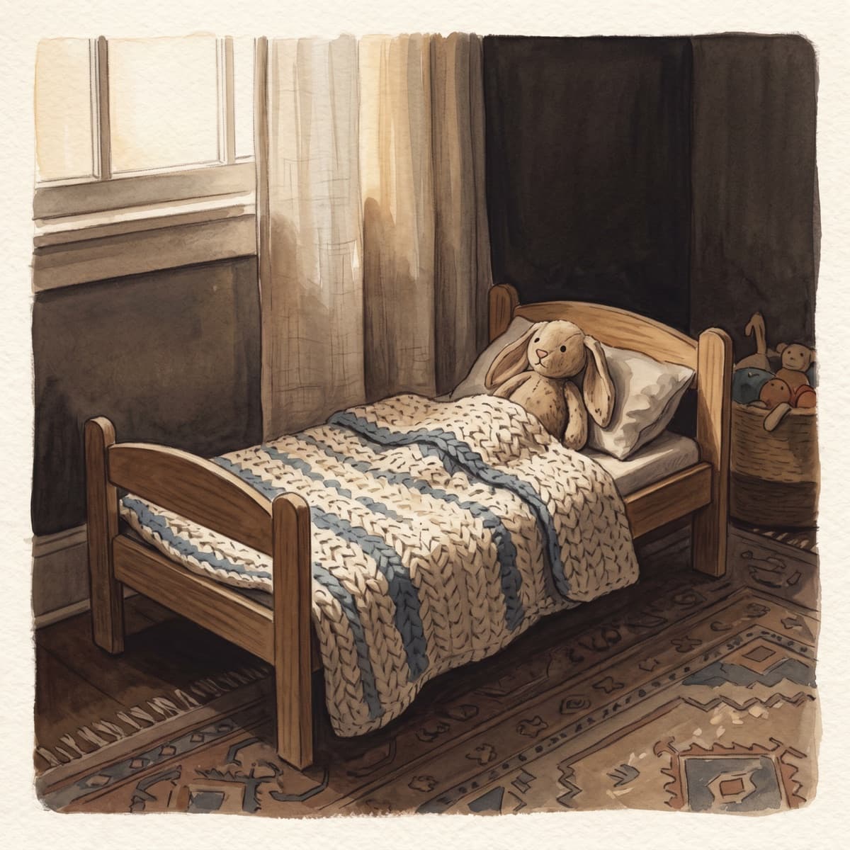 Storybook illustration of a nap cot with a knitted blanket and plush rabbit