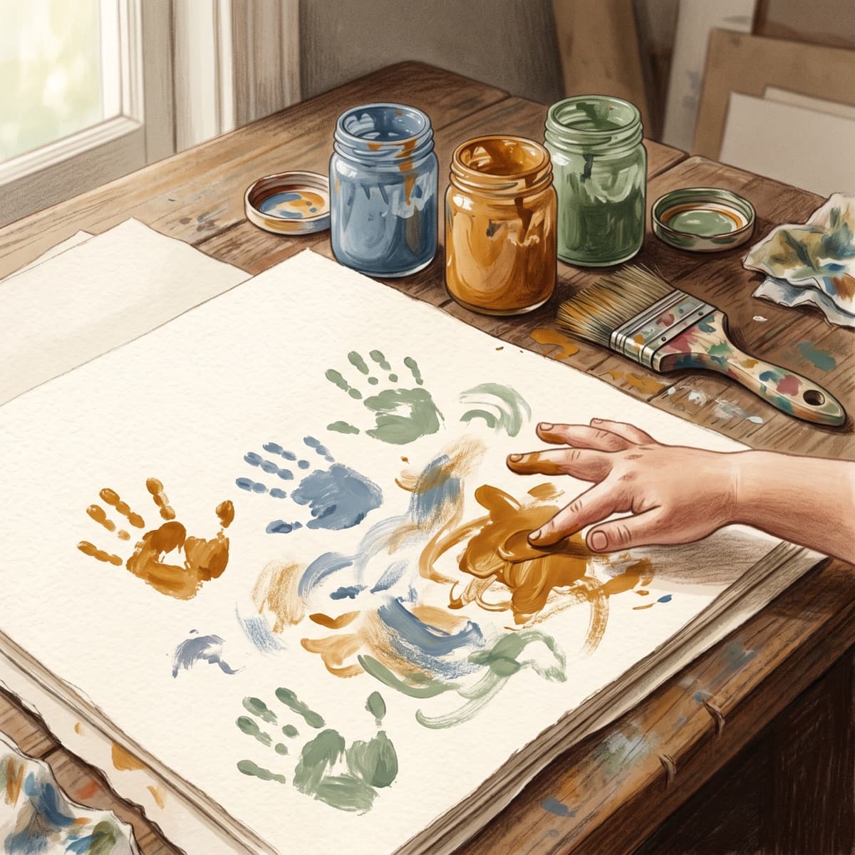 Storybook illustration of a child's finger painting beside jars of paint
